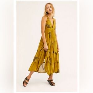 (Free People) Run away with me embroidered midi dress in mossy gold